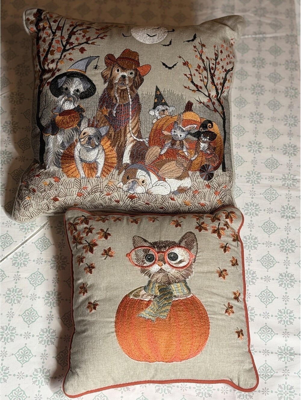Pier 1 Set Of 2 Fall Halloween Embroidered Throw Pillows Cats Dogs Pumpkin Decor
